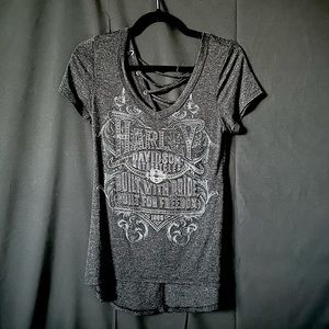 || HARLEY DAVIDSON || Rhinestone Short Sleeve Deep V Lace-back Tee